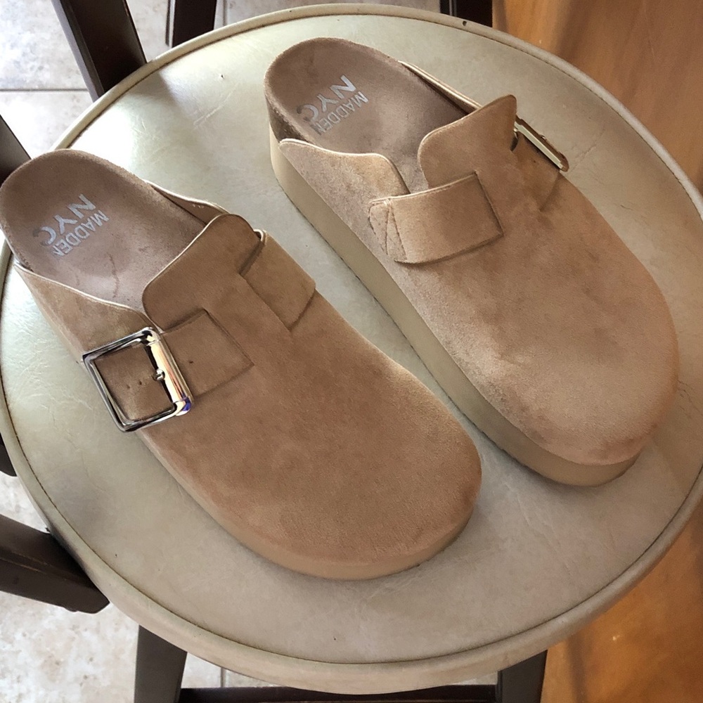 Tan Suede Platform Clogs with Silver Buckle - Picture 8 of 9